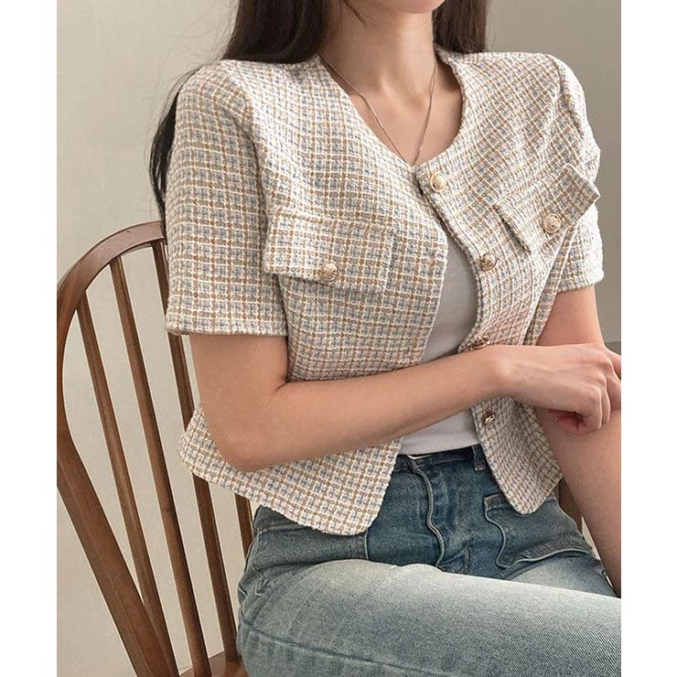 ノーカラーツイード半袖ジャケット アウター ジャケット | kirakiraShop  | 詳細画像21 