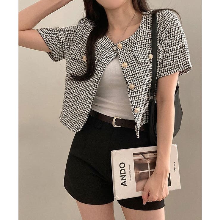 ノーカラーツイード半袖ジャケット アウター ジャケット | kirakiraShop  | 詳細画像7 