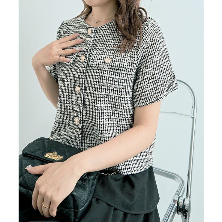 ノーカラーツイード半袖ジャケット アウター ジャケット | kirakiraShop  | 詳細画像10 