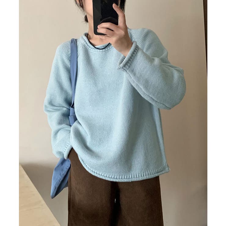 ブルー | ボリューム袖ラグランニット トップス リブニット | kirakiraShop 