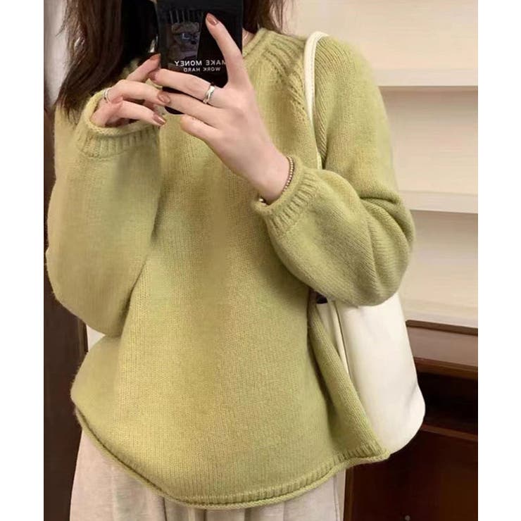 グリーン | ボリューム袖ラグランニット トップス リブニット | kirakiraShop 