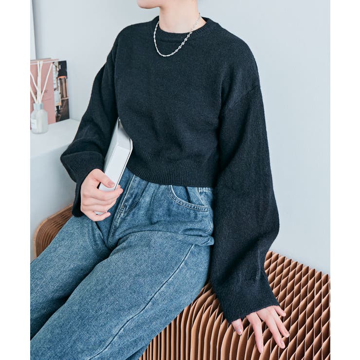 ブラック | 長袖クルーネックショート丈ニット トップス ニット | kirakiraShop 