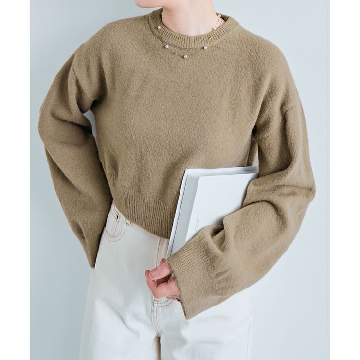 ベージュ | 長袖クルーネックショート丈ニット トップス ニット | kirakiraShop 