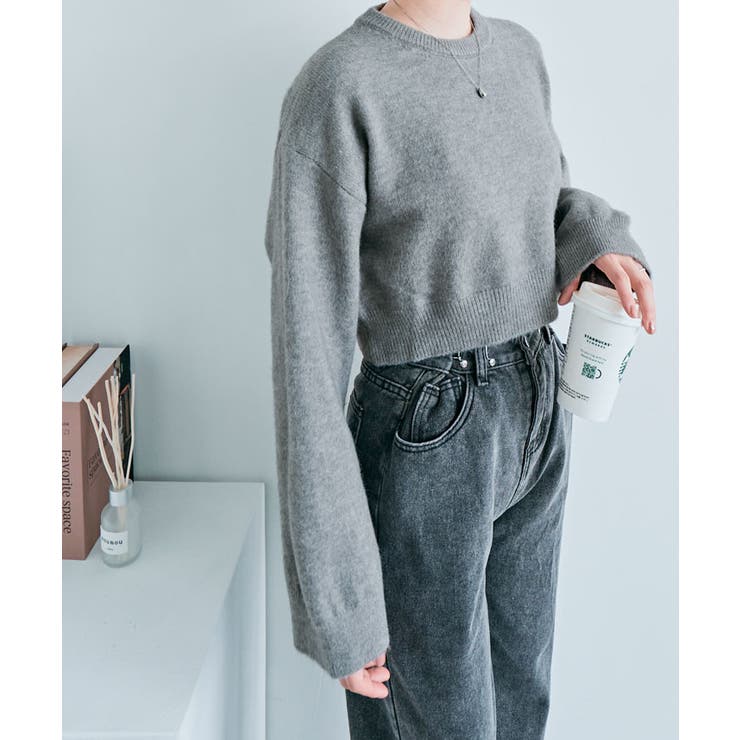グレー | 長袖クルーネックショート丈ニット トップス ニット | kirakiraShop 