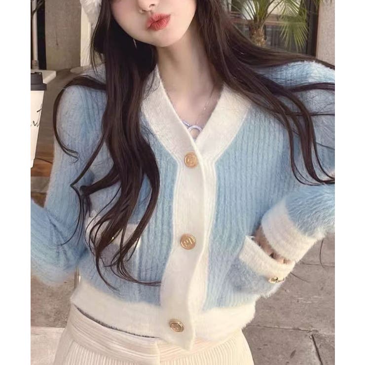 ブルー | バイカラーニットカーディガン トップス カーディガン | kirakiraShop 