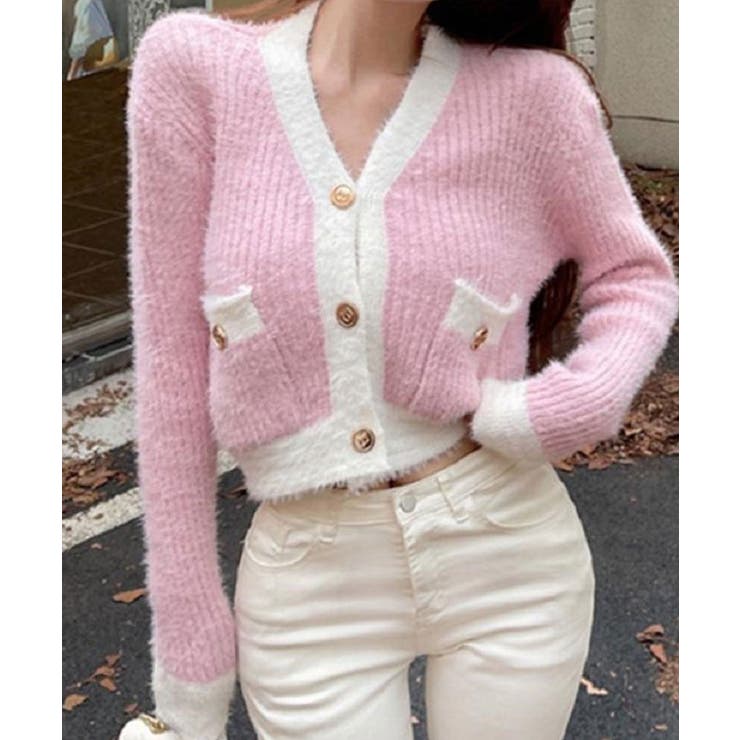 バイカラーニットカーディガン トップス カーディガン[品番