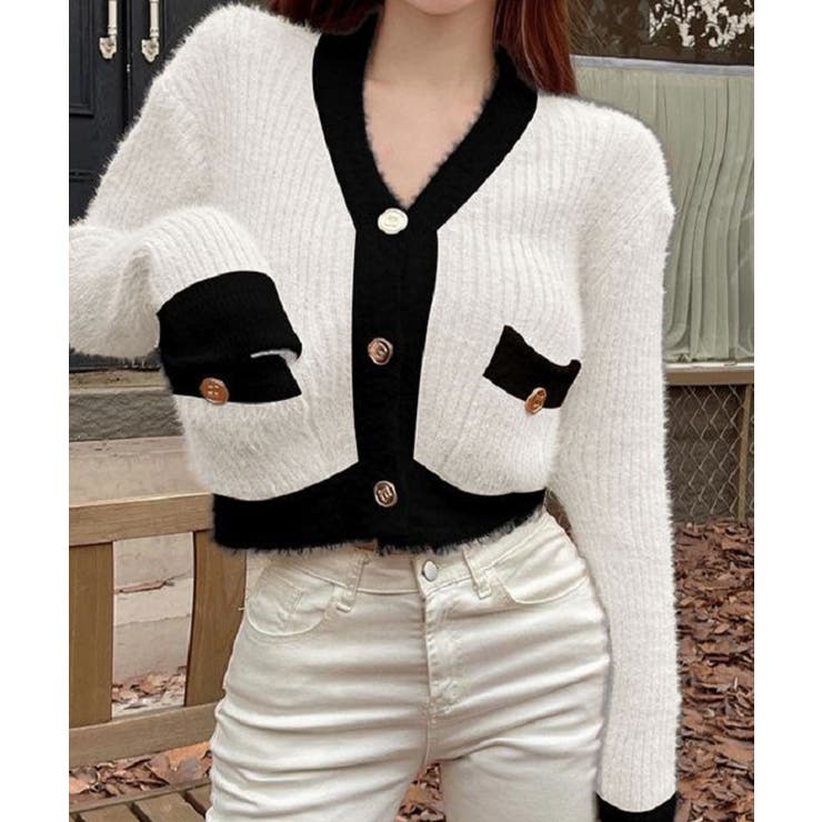 バイカラーニットカーディガン トップス カーディガン[品番