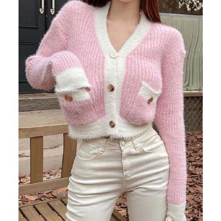 バイカラーニットカーディガン トップス カーディガン[品番