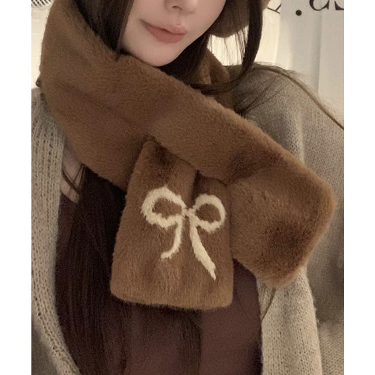 ブラウン | リボンフェイクファーティペット フェイクファーマフラー 小物 | kirakiraShop 