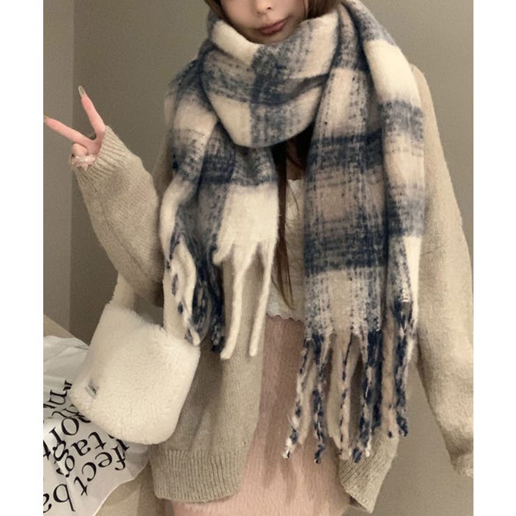 チェック柄モヘアライクマフラー マフラー モヘアライク[品番