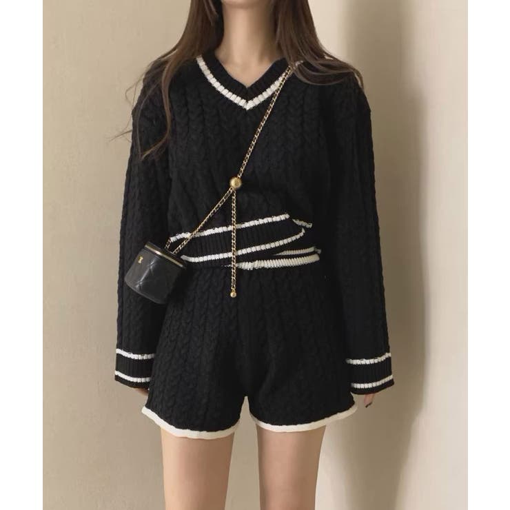 Vネックラインニット＋ニットショートパンツセットアップ セットアップ トップス | kirakiraShop  | 詳細画像2 