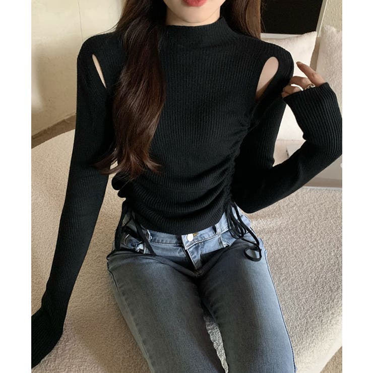 ブラック | ショルダースリットギャザーリブ長袖トップス トップス 長袖 | kirakiraShop 