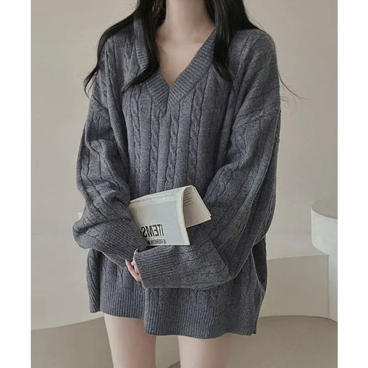 チャコール | Vネックオーバーサイズニット トップス Vネック | kirakiraShop 