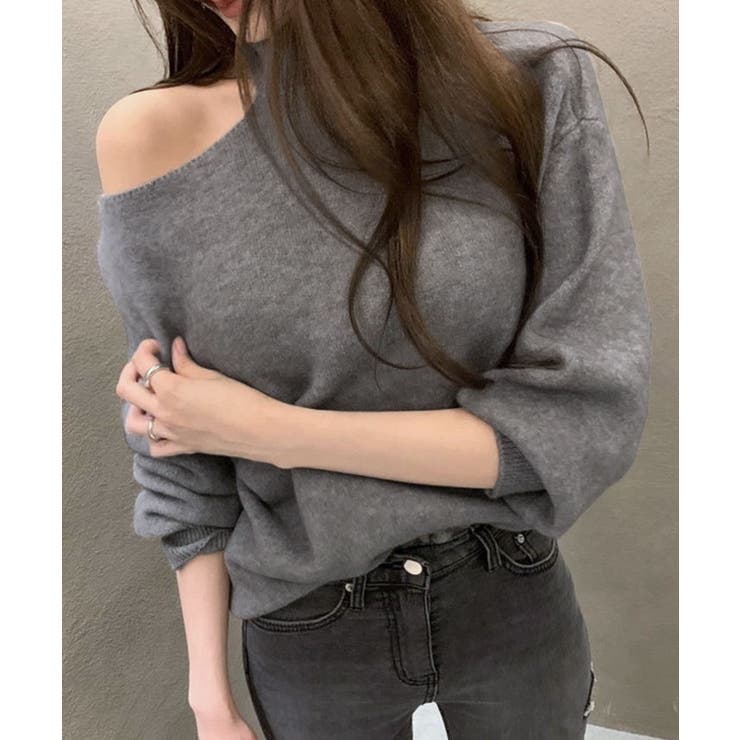 ワンオフショルダーカットアウトニット トップス カットアウト[品番