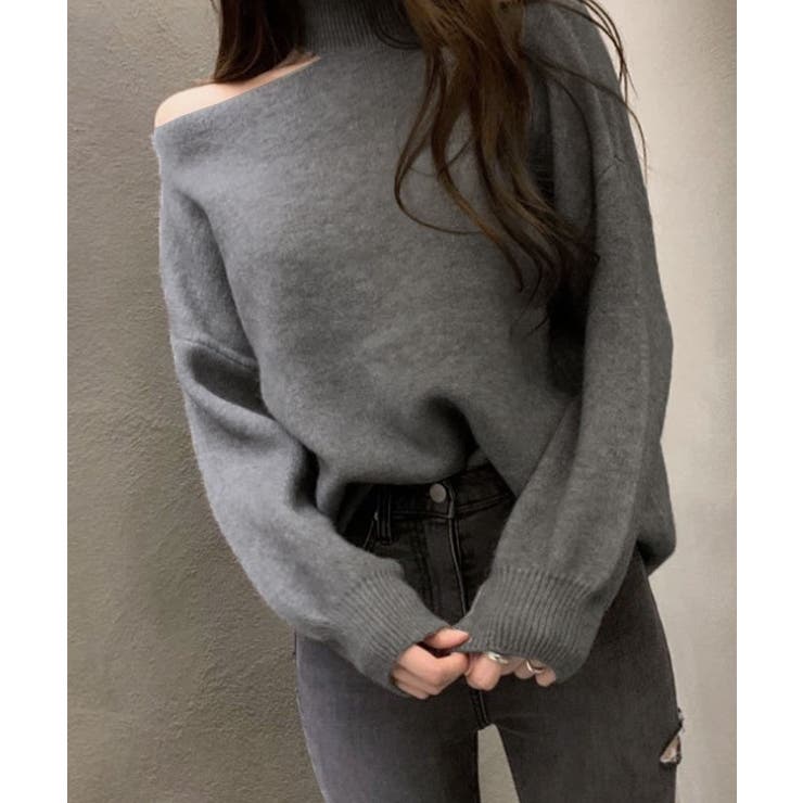 ワンオフショルダーカットアウトニット トップス カットアウト[品番