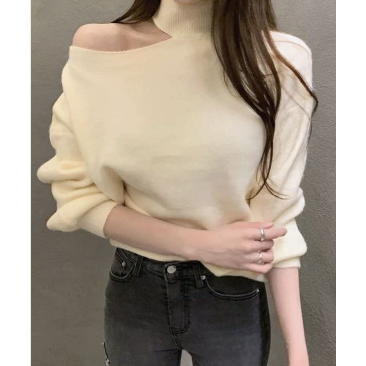 ワンオフショルダーカットアウトニット トップス カットアウト[品番