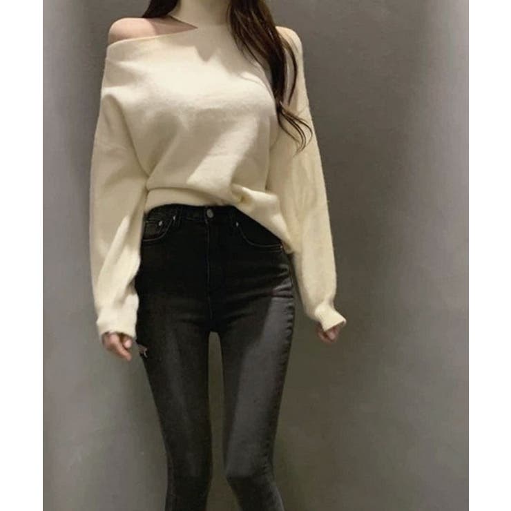 ワンオフショルダーカットアウトニット トップス カットアウト[品番