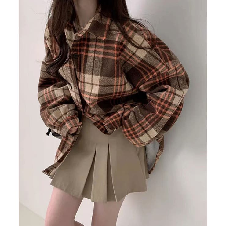 ブラウン | 裏起毛チェックオーバーサイズシャツ ユニセックス トップス | kirakiraShop 