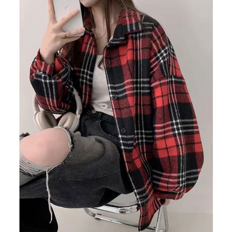 レッド | 裏起毛チェックオーバーサイズシャツ ユニセックス トップス | kirakiraShop 