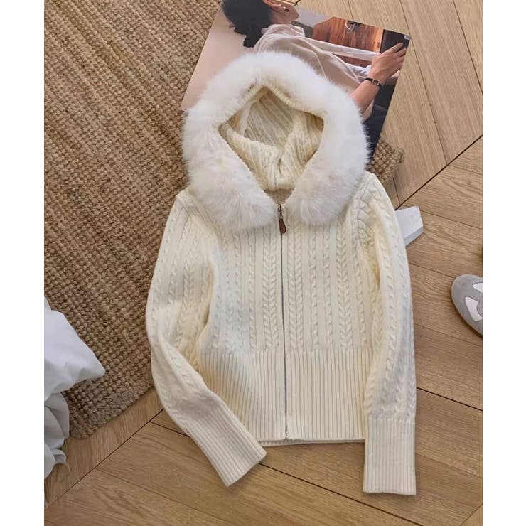 エコファーフードケーブルニットジップカーディガン トップス ケーブルニット | kirakiraShop  | 詳細画像5 