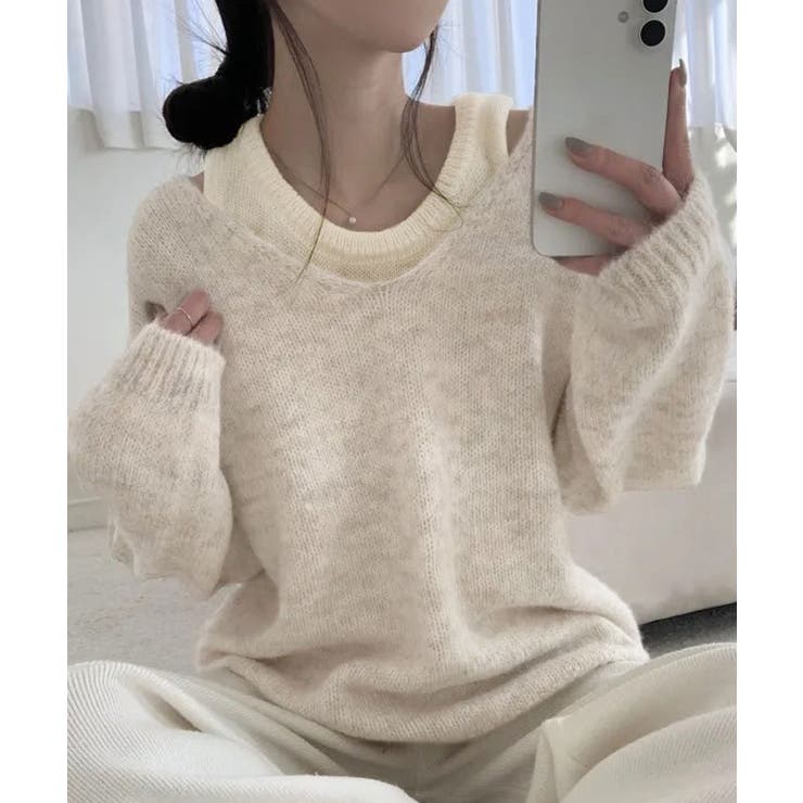 アイボリー | ニットインナーキャミ付きニットプルオーバー2点セット トップス アンサンブル | kirakiraShop 