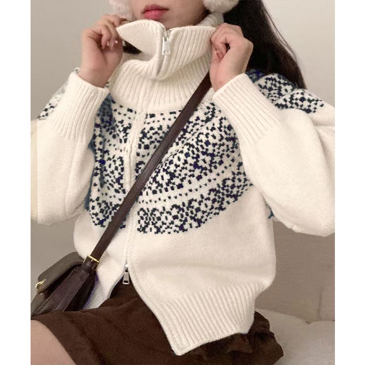 クリーム | ノルディック柄ダブルジップニットカーディガン トップス ニット | kirakiraShop 