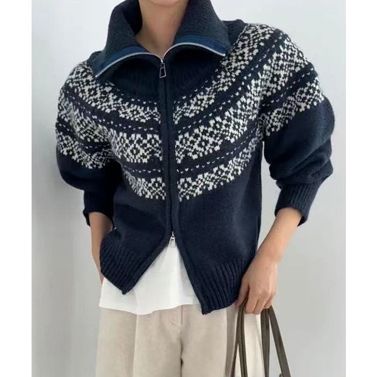 ネイビー | ノルディック柄ダブルジップニットカーディガン トップス ニット | kirakiraShop 