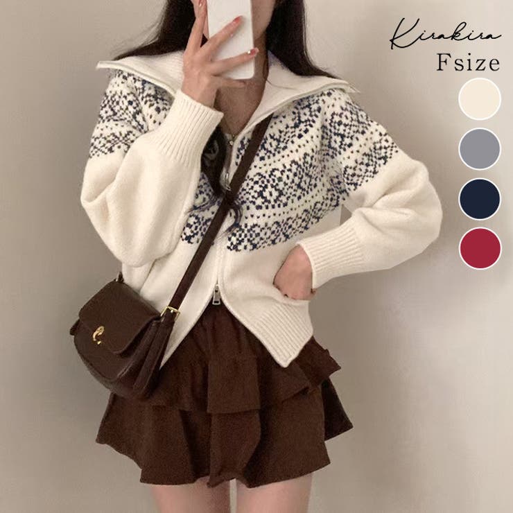 ノルディック柄ダブルジップニットカーディガン トップス ニット | kirakiraShop  | 詳細画像1 