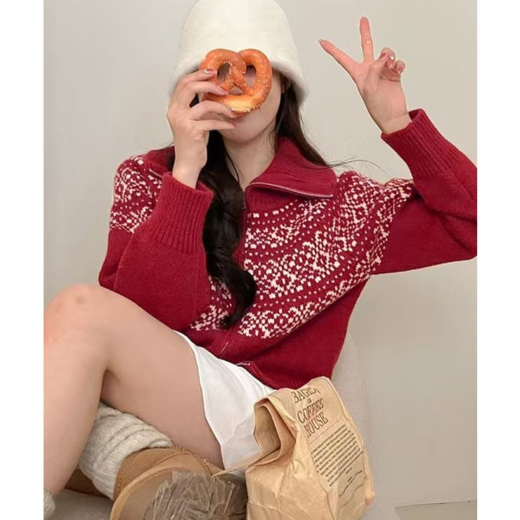 ノルディック柄ダブルジップニットカーディガン トップス ニット | kirakiraShop  | 詳細画像9 