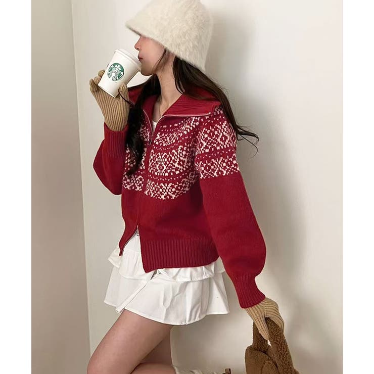 ノルディック柄ダブルジップニットカーディガン トップス ニット | kirakiraShop  | 詳細画像10 