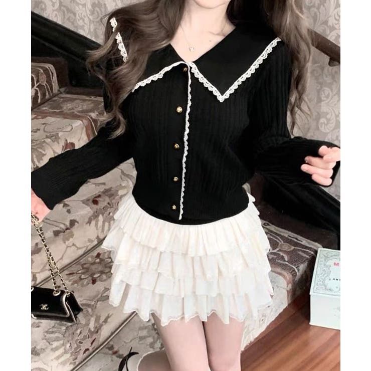 ブラック | ビッグカラーレースリブトップス トップス カーディガン | kirakiraShop 