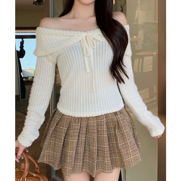 ホワイト | オフショルダーリボンデザインニット トップス ニット | kirakiraShop 
