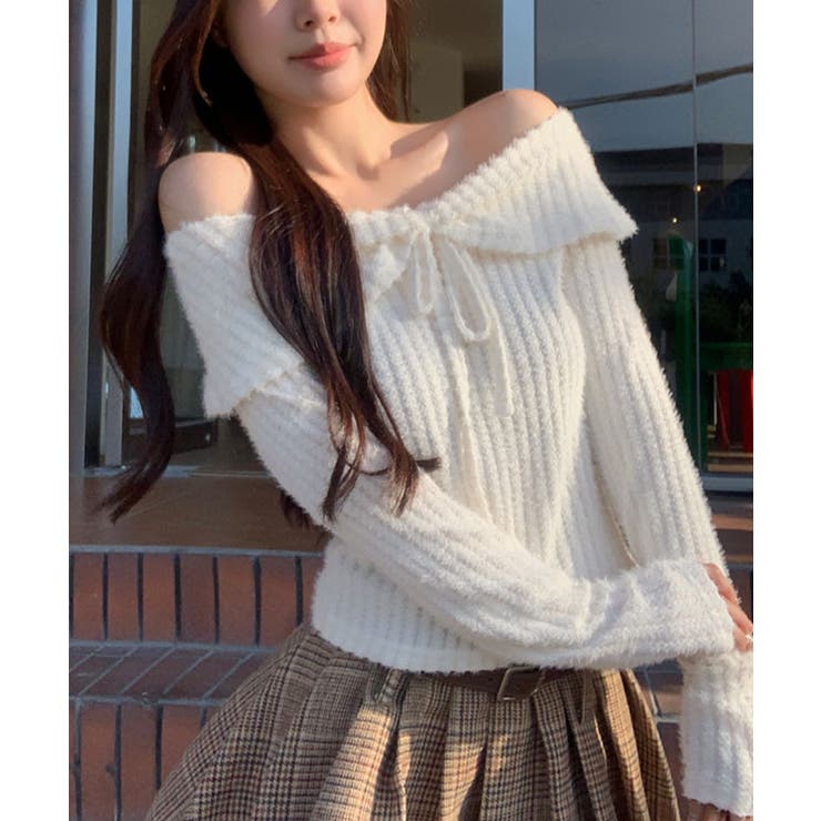 オフショルダーリボンデザインニット トップス ニット | kirakiraShop  | 詳細画像3 