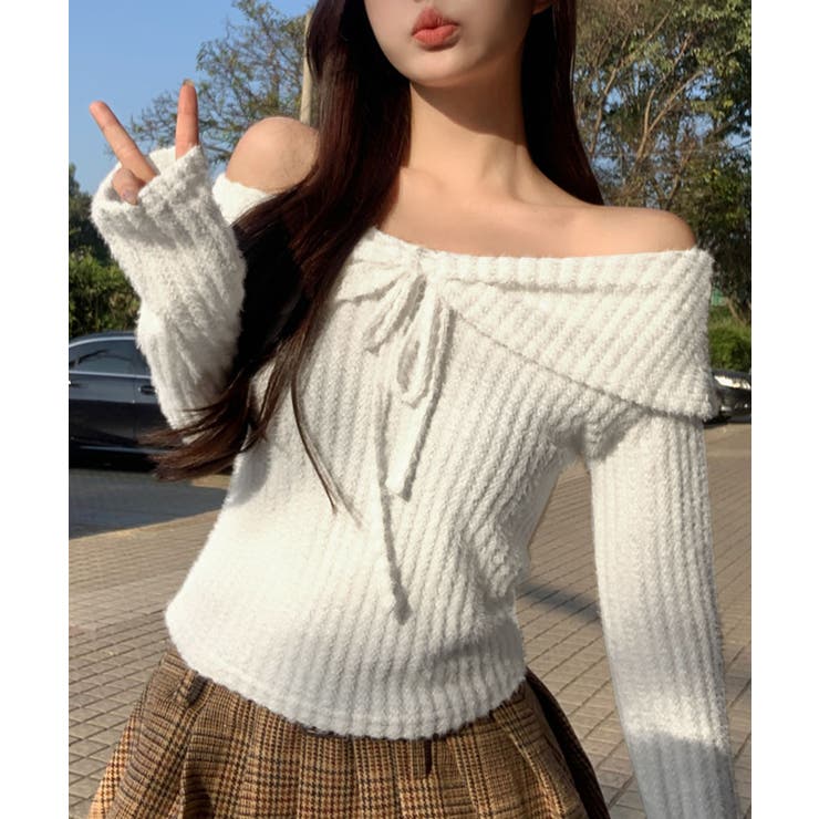 オフショルダーリボンデザインニット トップス ニット | kirakiraShop  | 詳細画像6 