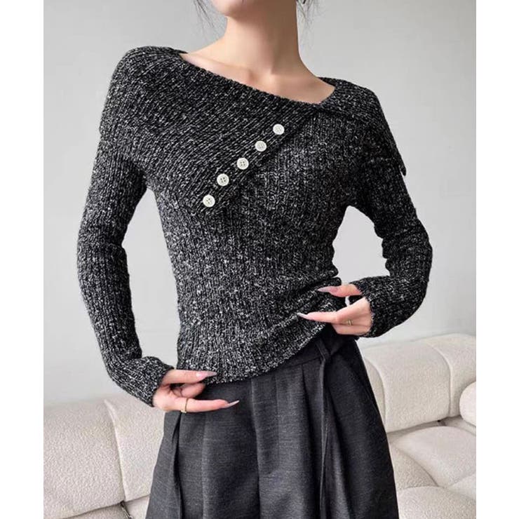 ブラック | ミックスカラーワンショルダーニット トップス ニット | kirakiraShop 