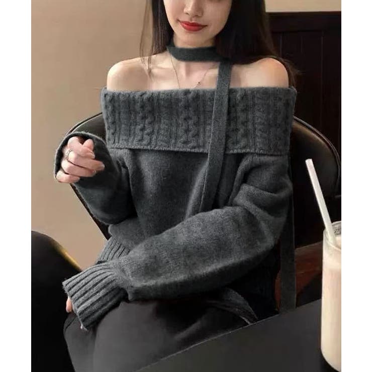 チャコール | ケーブルデザインオフショルダーリボンニット トップス ニット | kirakiraShop 