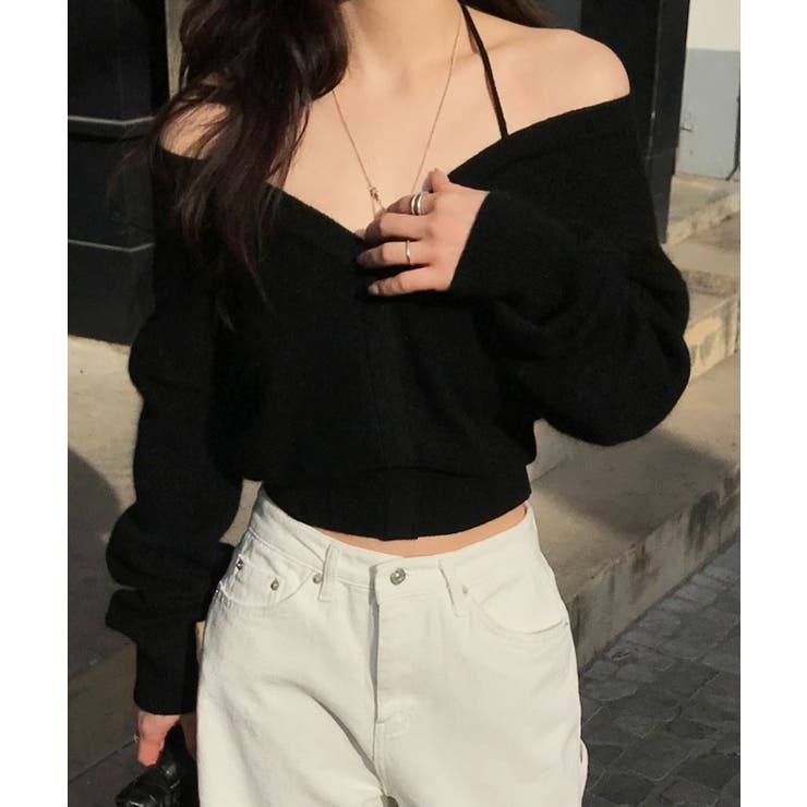 ブラック | オフショルダー深Vネッククロップドニット トップス ニット | kirakiraShop 
