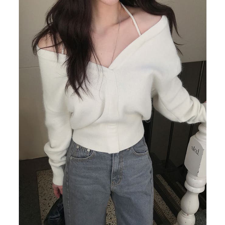 ホワイト | オフショルダー深Vネッククロップドニット トップス ニット | kirakiraShop 