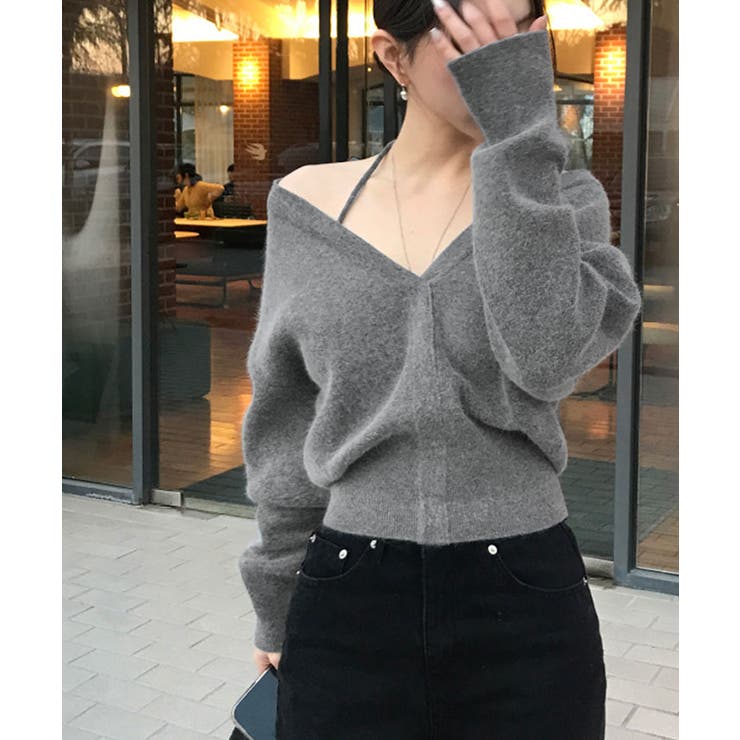 グレー | オフショルダー深Vネッククロップドニット トップス ニット | kirakiraShop 