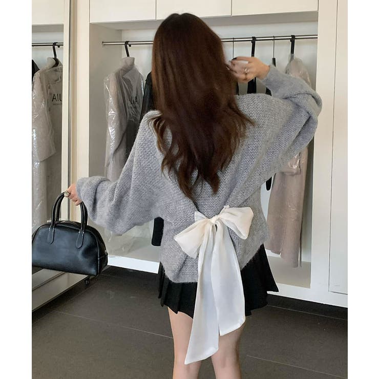 グレー | バックリボンデザインシャギーニット トップス ニット | kirakiraShop 