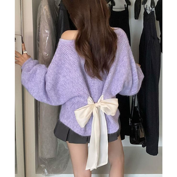 パープル | バックリボンデザインシャギーニット トップス ニット | kirakiraShop 