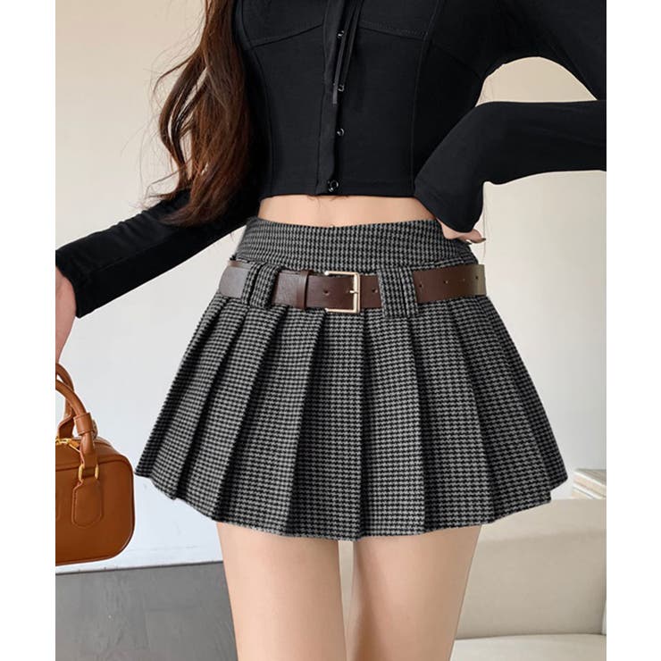 ブラック | ベルト付きチェックプリーツミニスカート スカート ミニスカート | kirakiraShop 