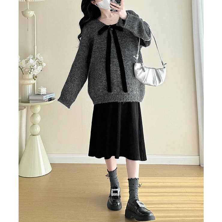 ベロアリボン付きスパンコールニットプルオーバー トップス ニット | kirakiraShop  | 詳細画像2 