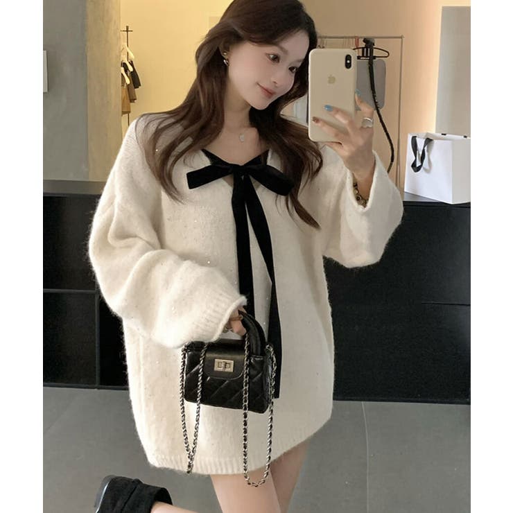 ベロアリボン付きスパンコールニットプルオーバー トップス ニット | kirakiraShop  | 詳細画像14 