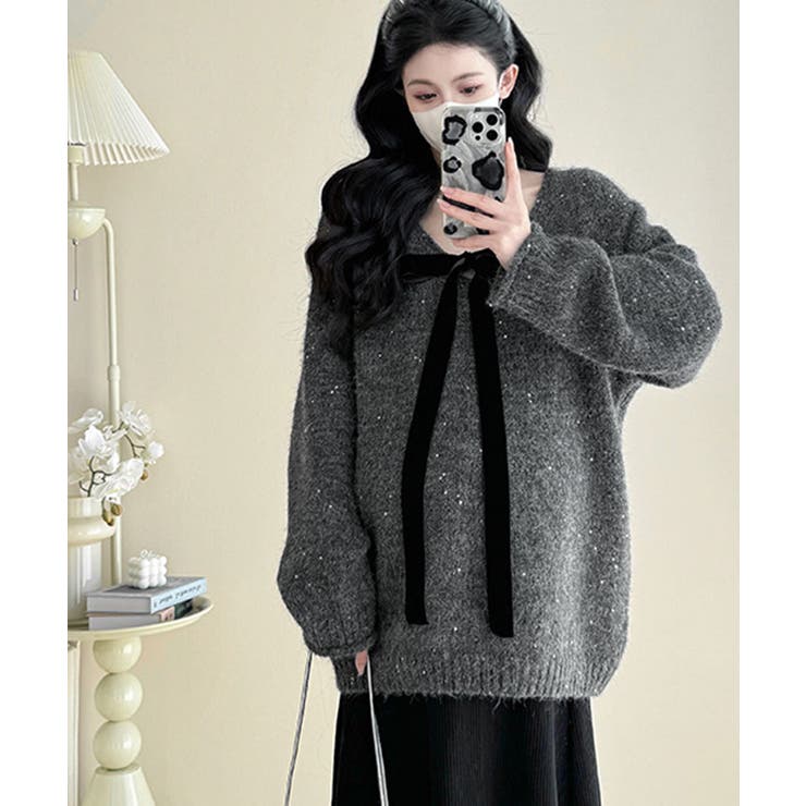 ベロアリボン付きスパンコールニットプルオーバー トップス ニット | kirakiraShop  | 詳細画像3 