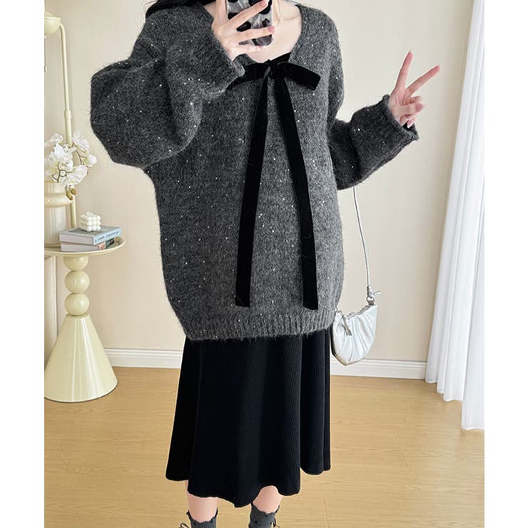 ベロアリボン付きスパンコールニットプルオーバー トップス ニット | kirakiraShop  | 詳細画像4 