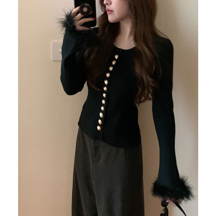 ブラック | フェザーカフリブニットカーディガン トップス カーディガン | kirakiraShop 
