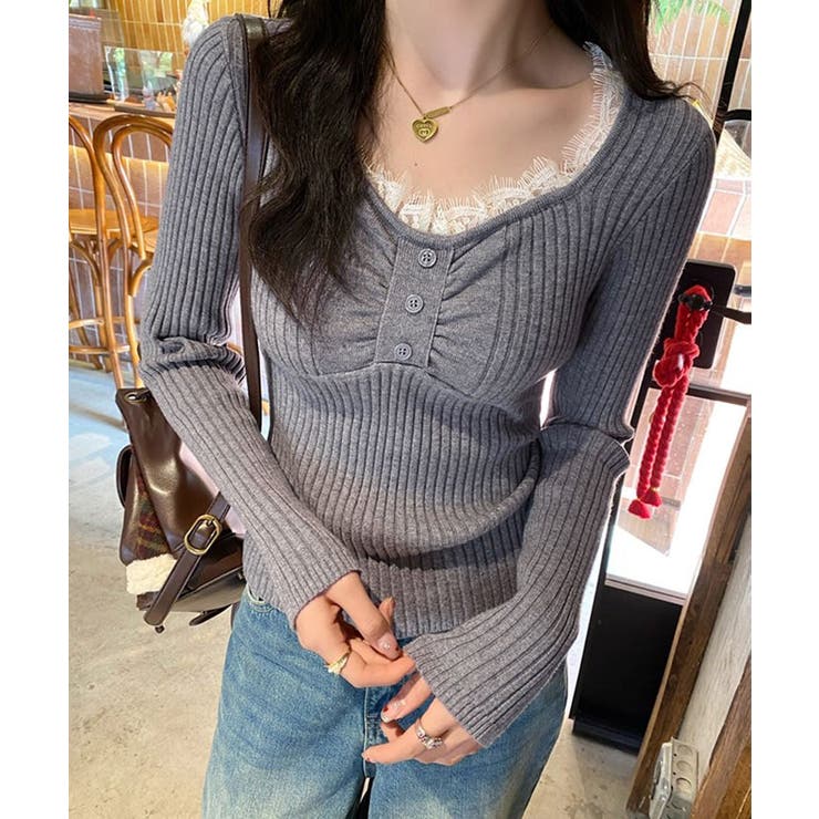 チャコール | レーストリムリブVネックプルオーバー トップス ニット | kirakiraShop 