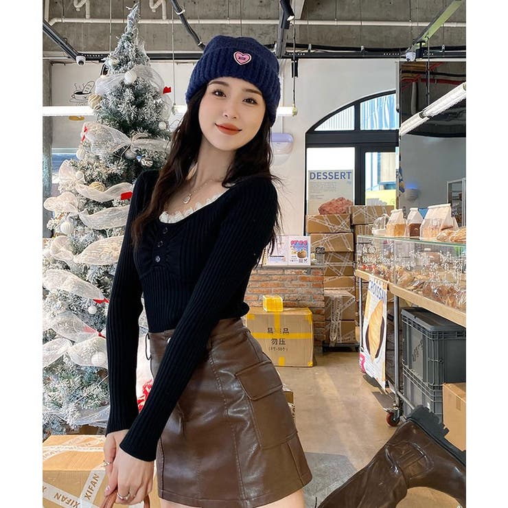 レーストリムリブVネックプルオーバー トップス ニット | kirakiraShop  | 詳細画像3 