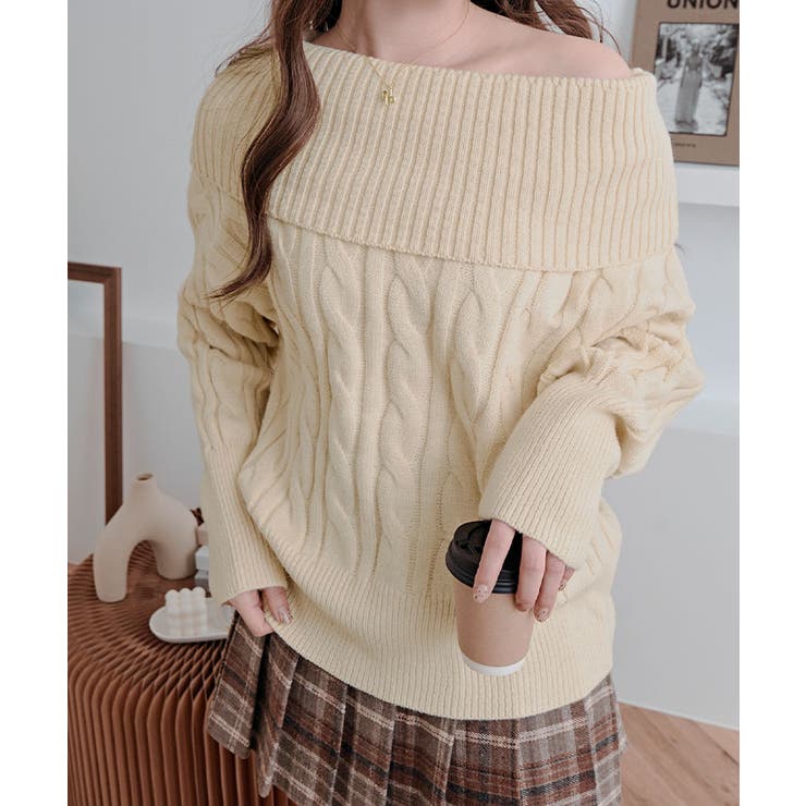 アイボリー | オフショルダーケーブルニットトップス トップス ニット | kirakiraShop 